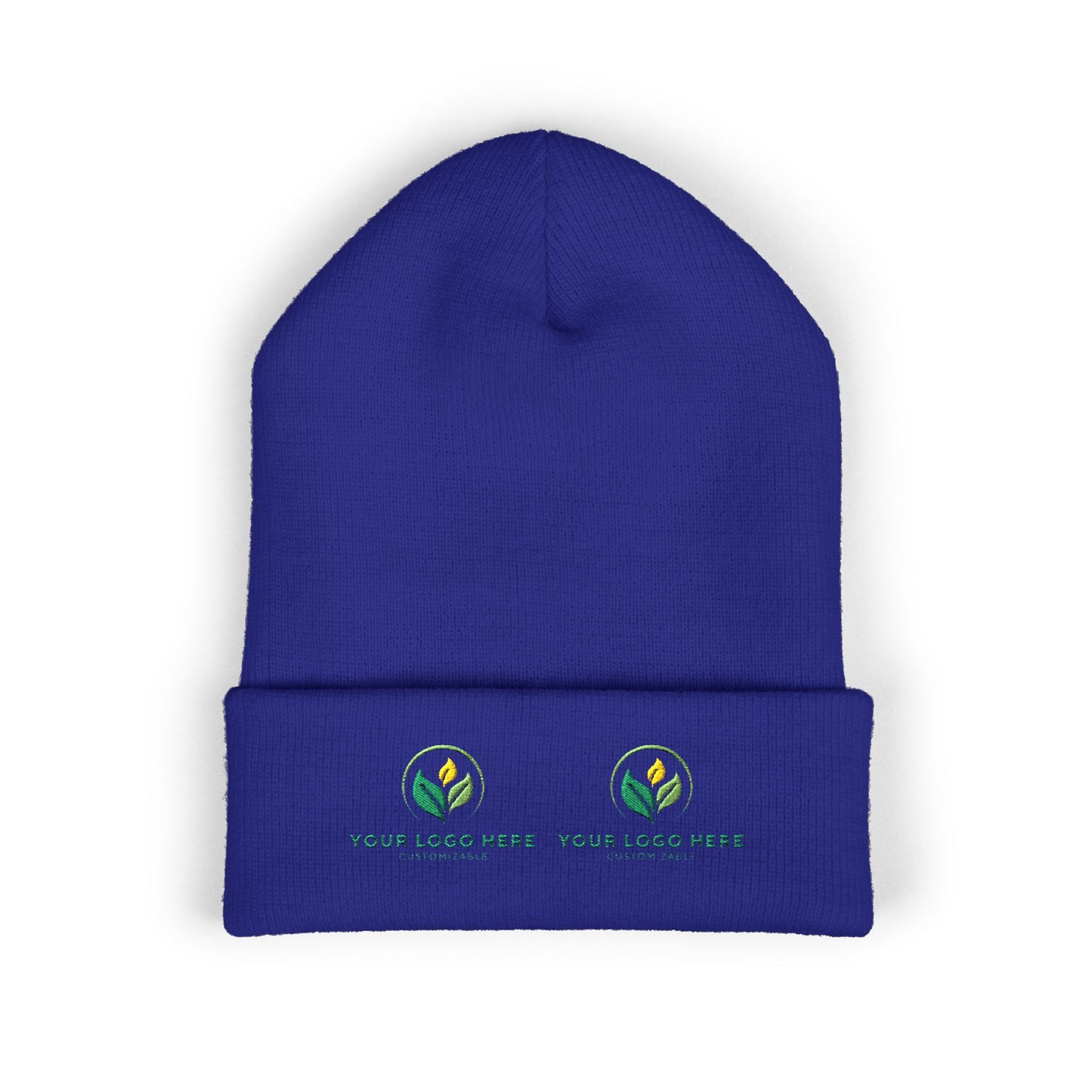 Blue beanie with embroidered logos on a white background