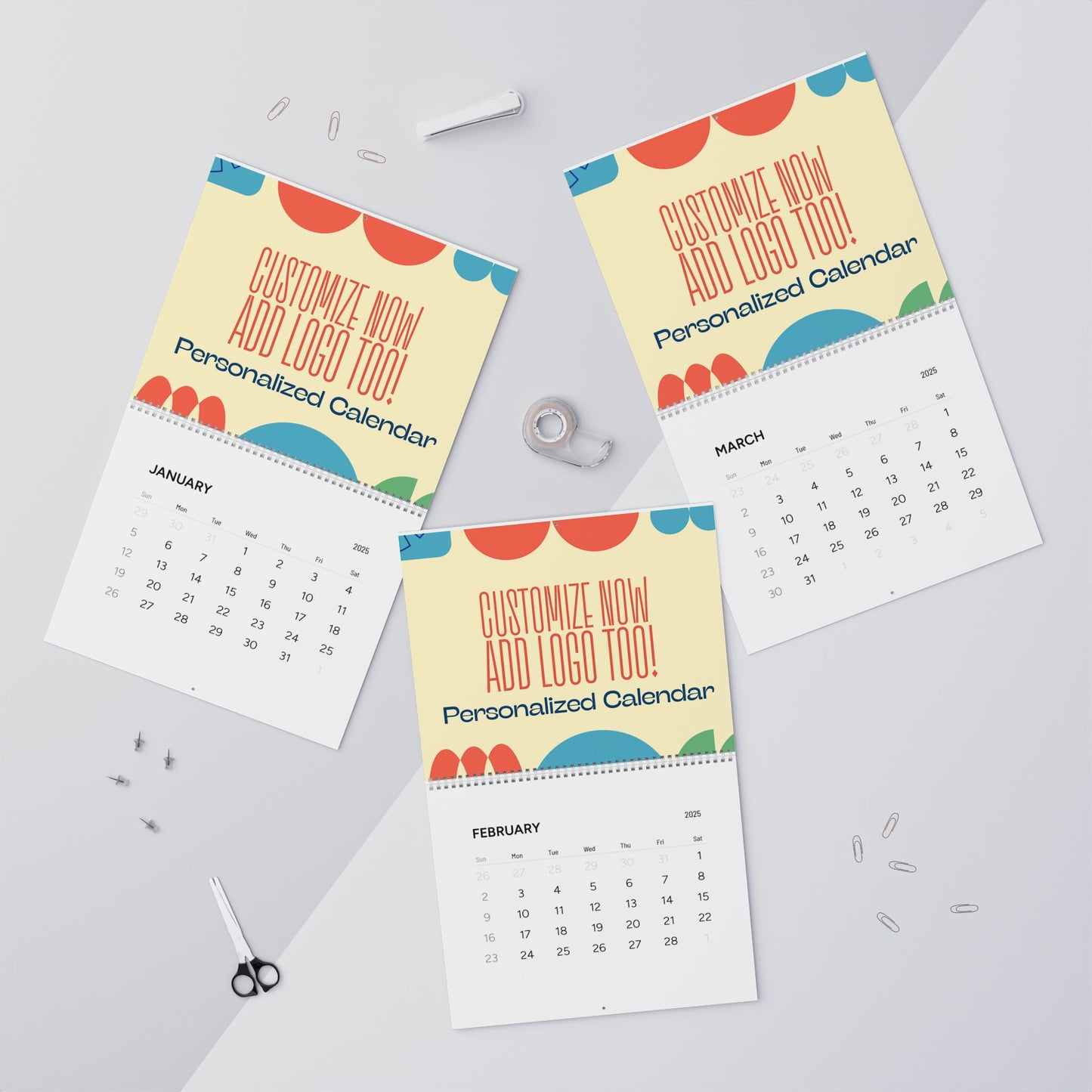 Three personalized calendar sheets with colorful designs on a light gray background.