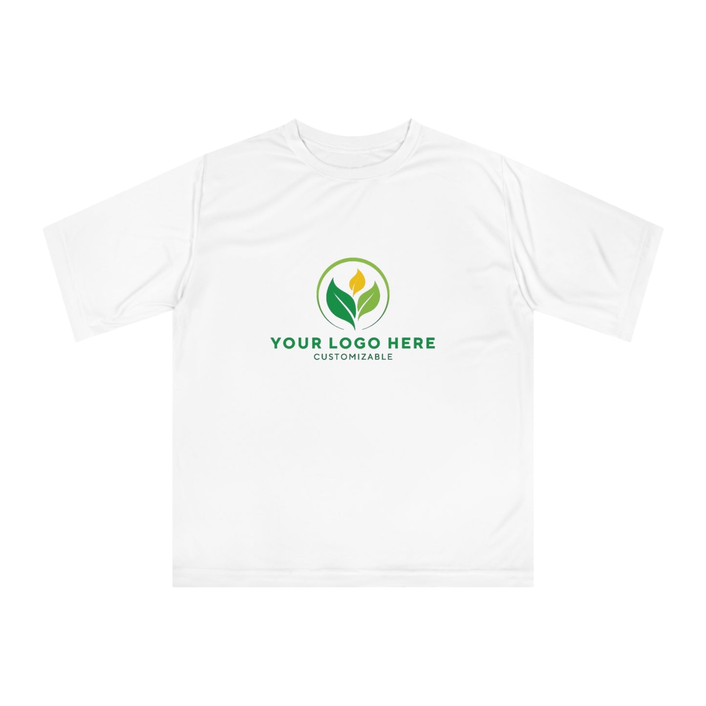 White t-shirt with customizable logo area on a white background