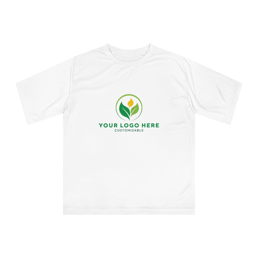 White t-shirt with customizable logo area on a white background