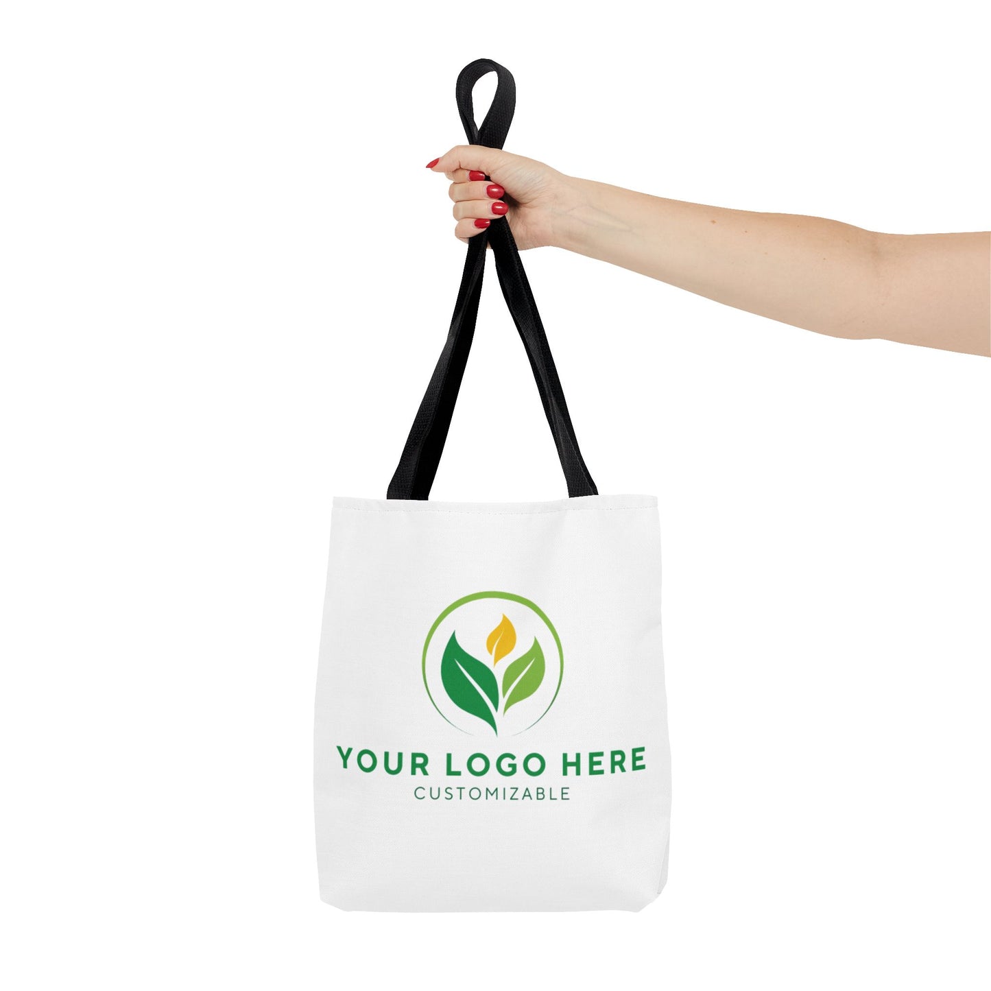 White tote bag with customizable logo on a white background