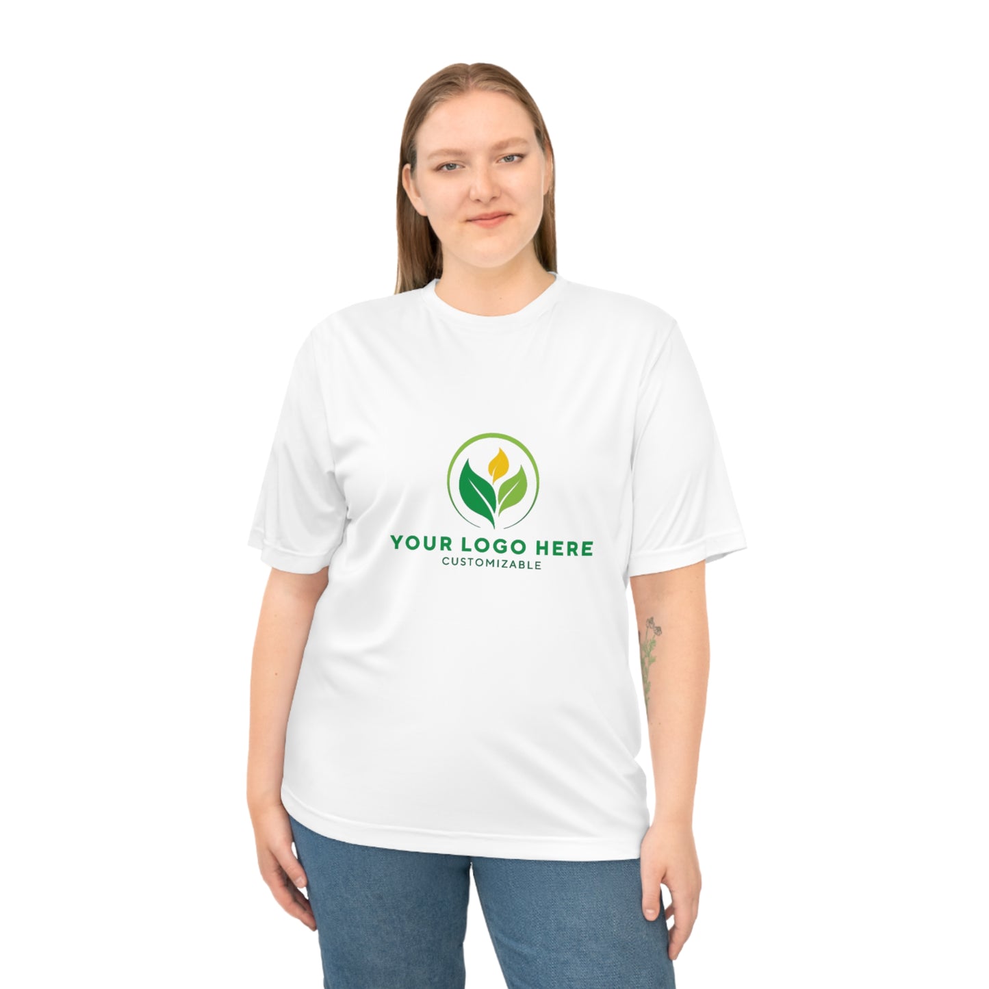 Person wearing a customizable logo t-shirt with a green leaf design on a white background