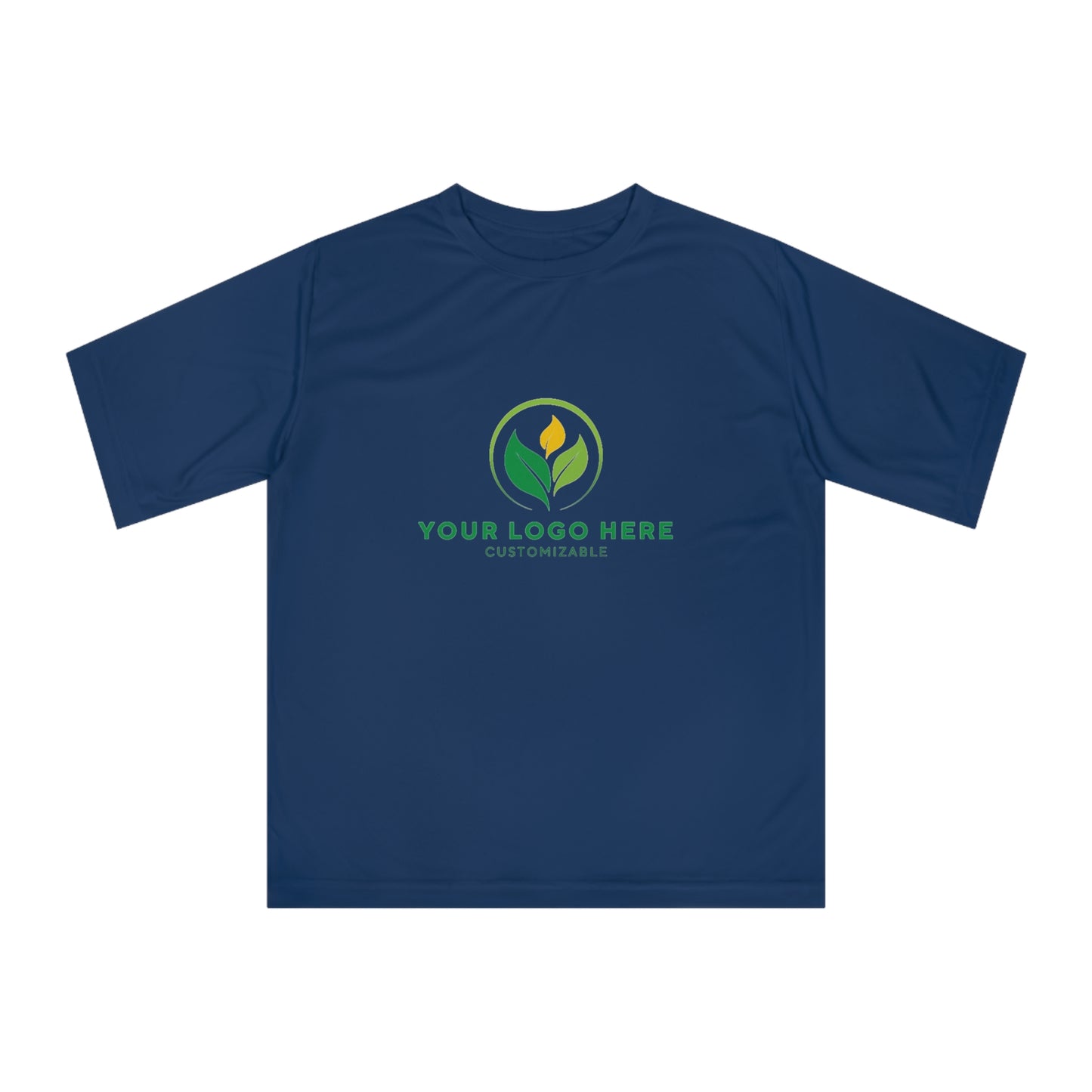 Navy blue t-shirt with customizable logo area on a white background