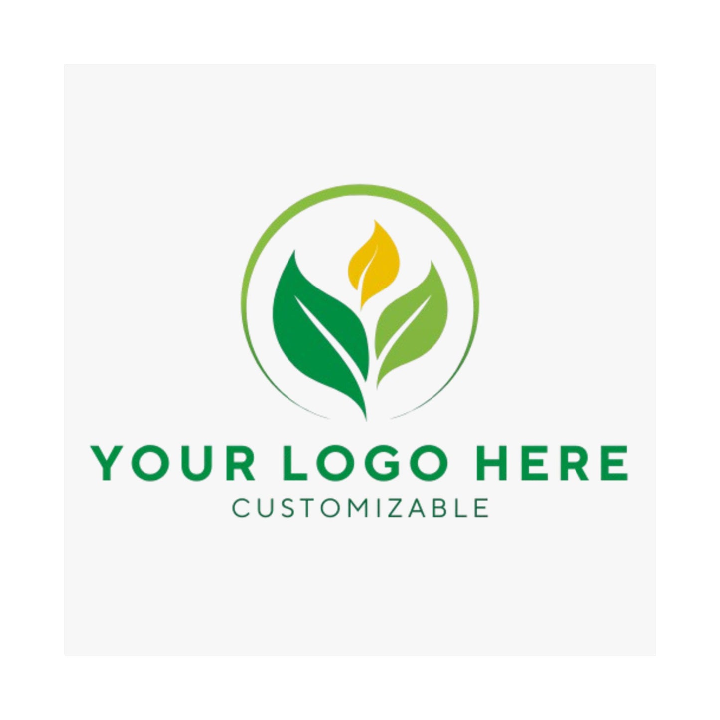 Placeholder logo with green leaves and customizable text on a white background