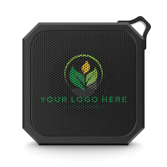 Black portable speaker with a logo and text 'Your Logo Here' on a white background