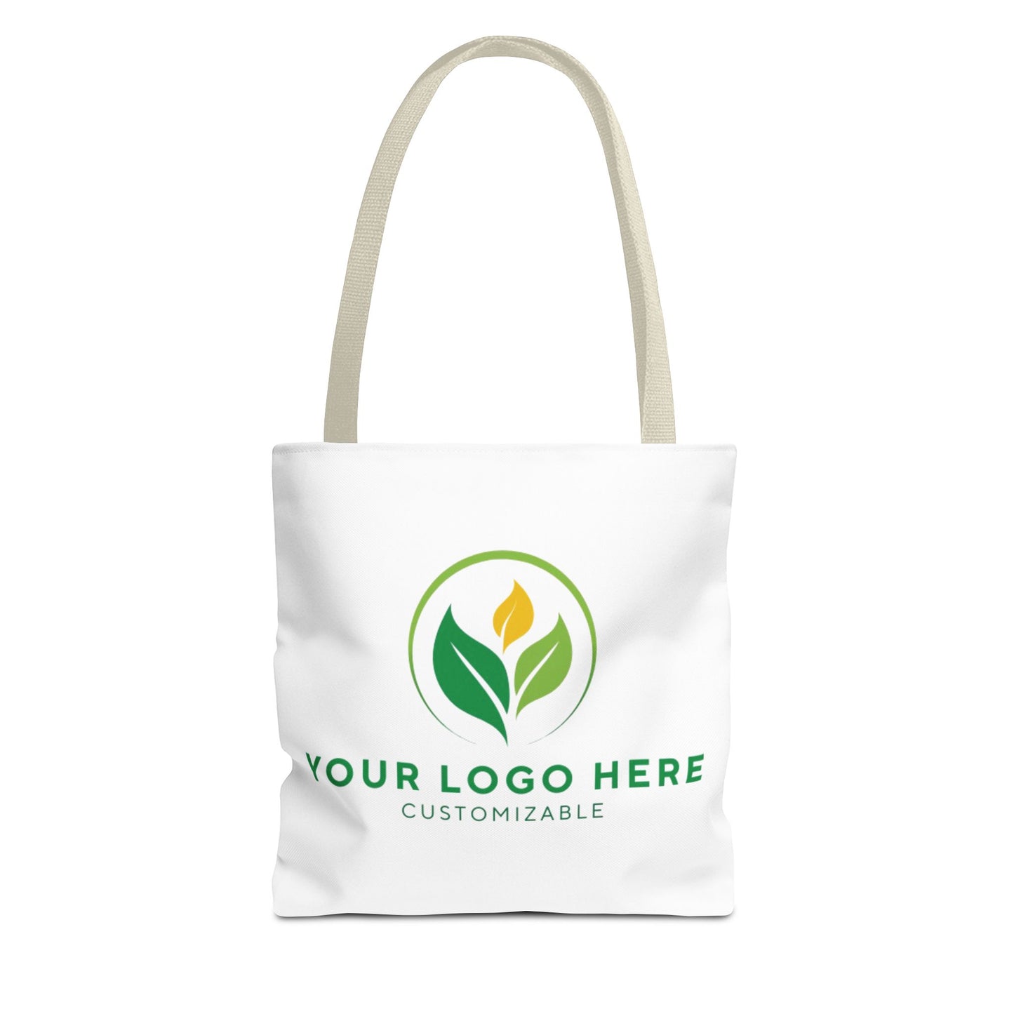 White tote bag with customizable logo design on a white background