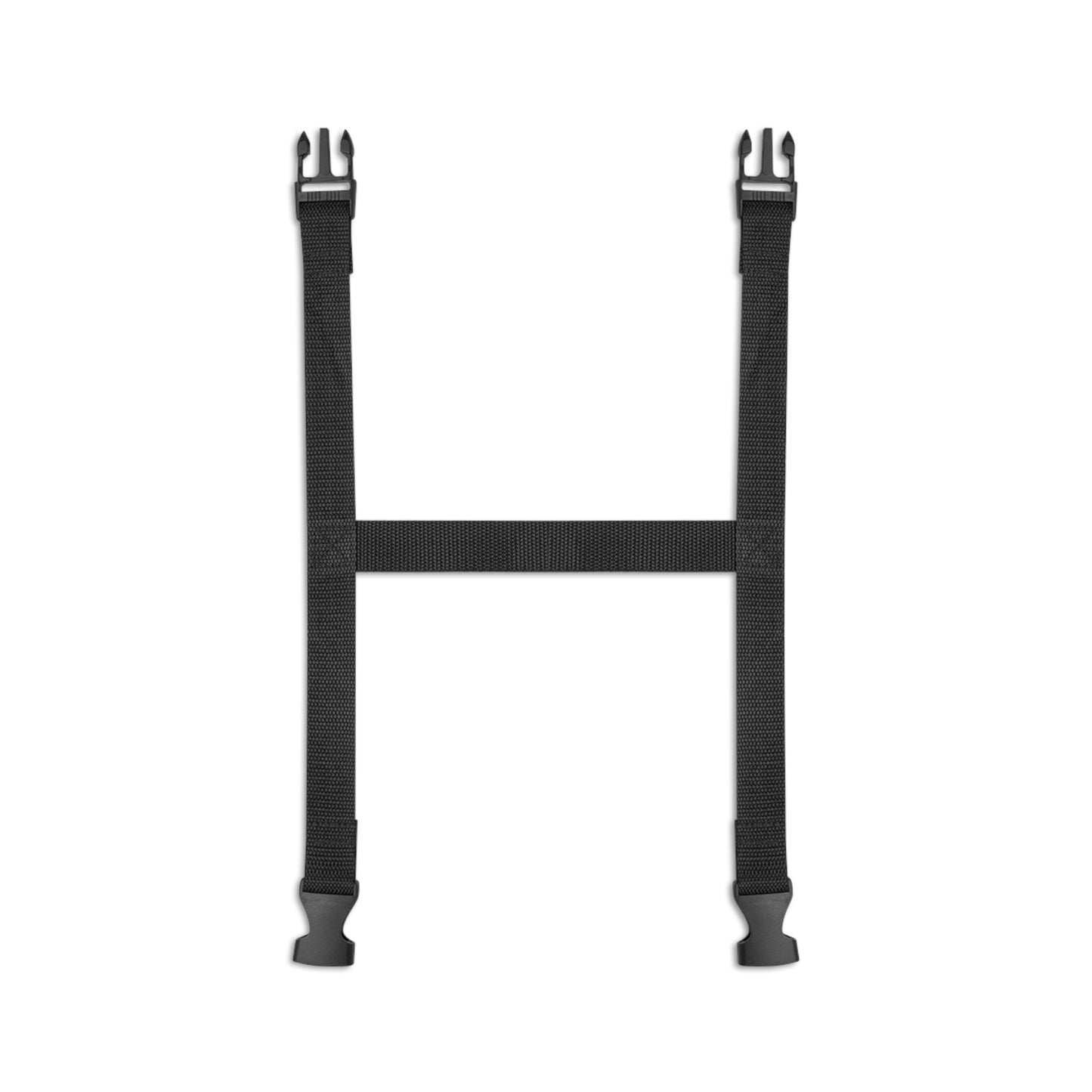 Two black straps with metal buckles on a white background