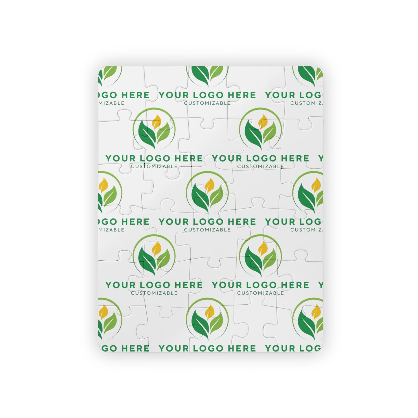 Customizable logo puzzle with green leaf design on a white background
