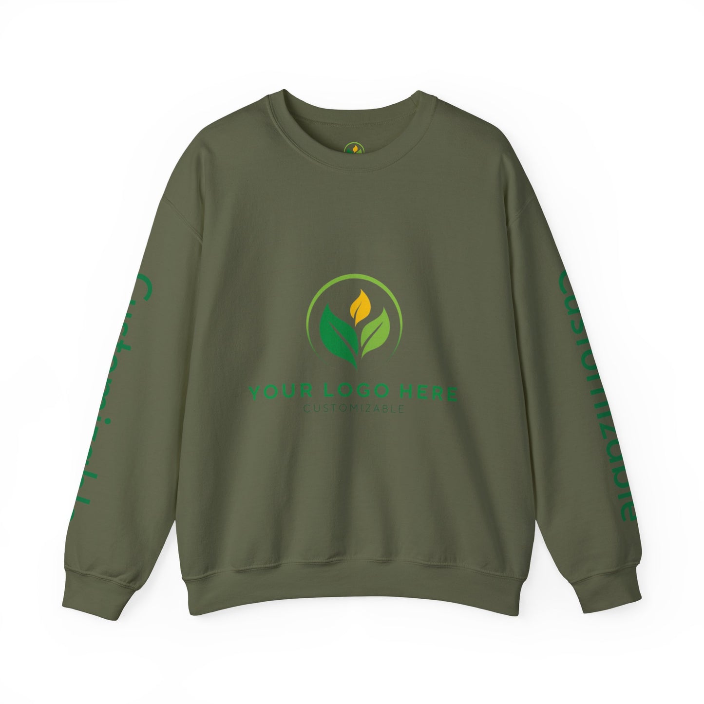 Green sweatshirt with a logo on a white background