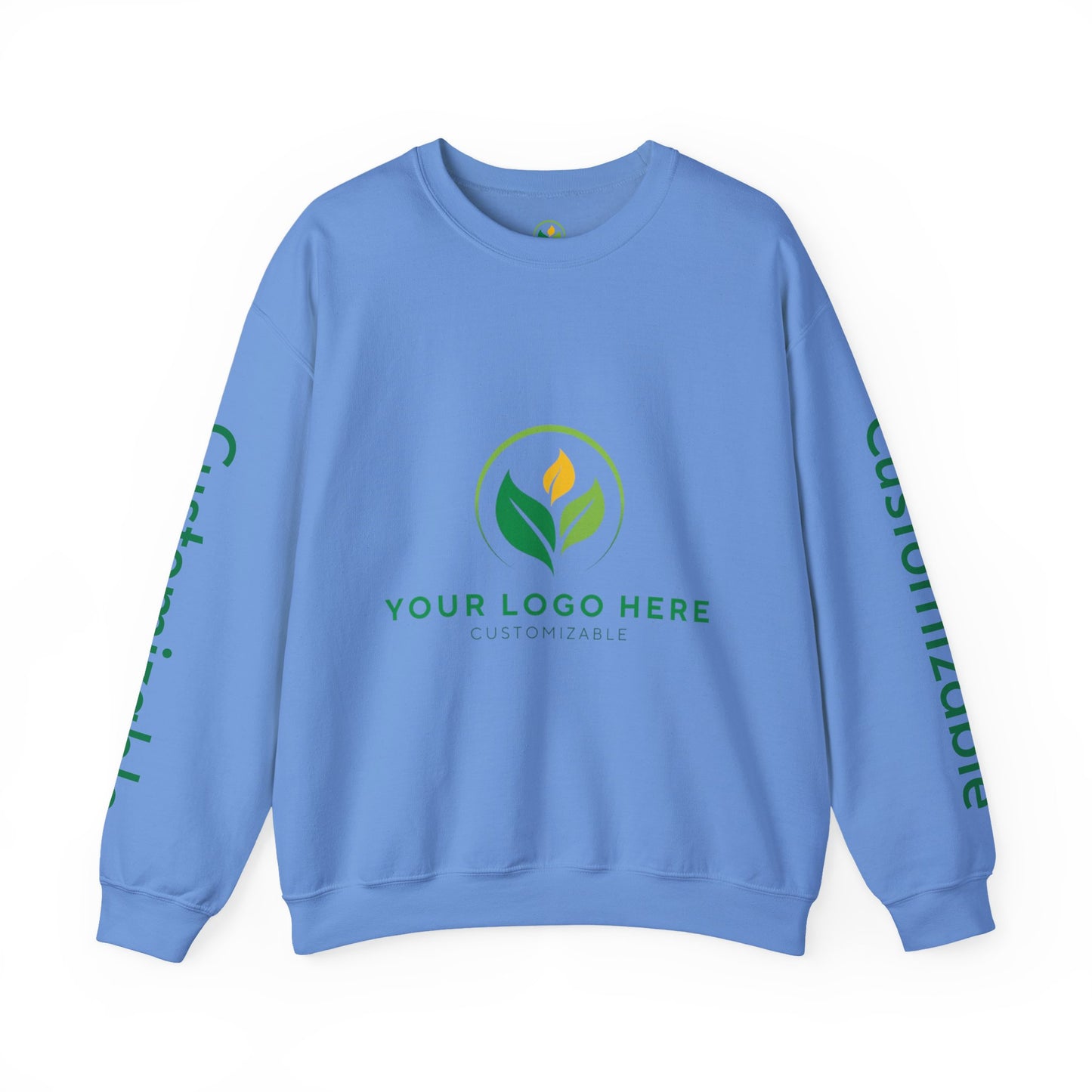 Blue sweatshirt with customizable logo on a white background