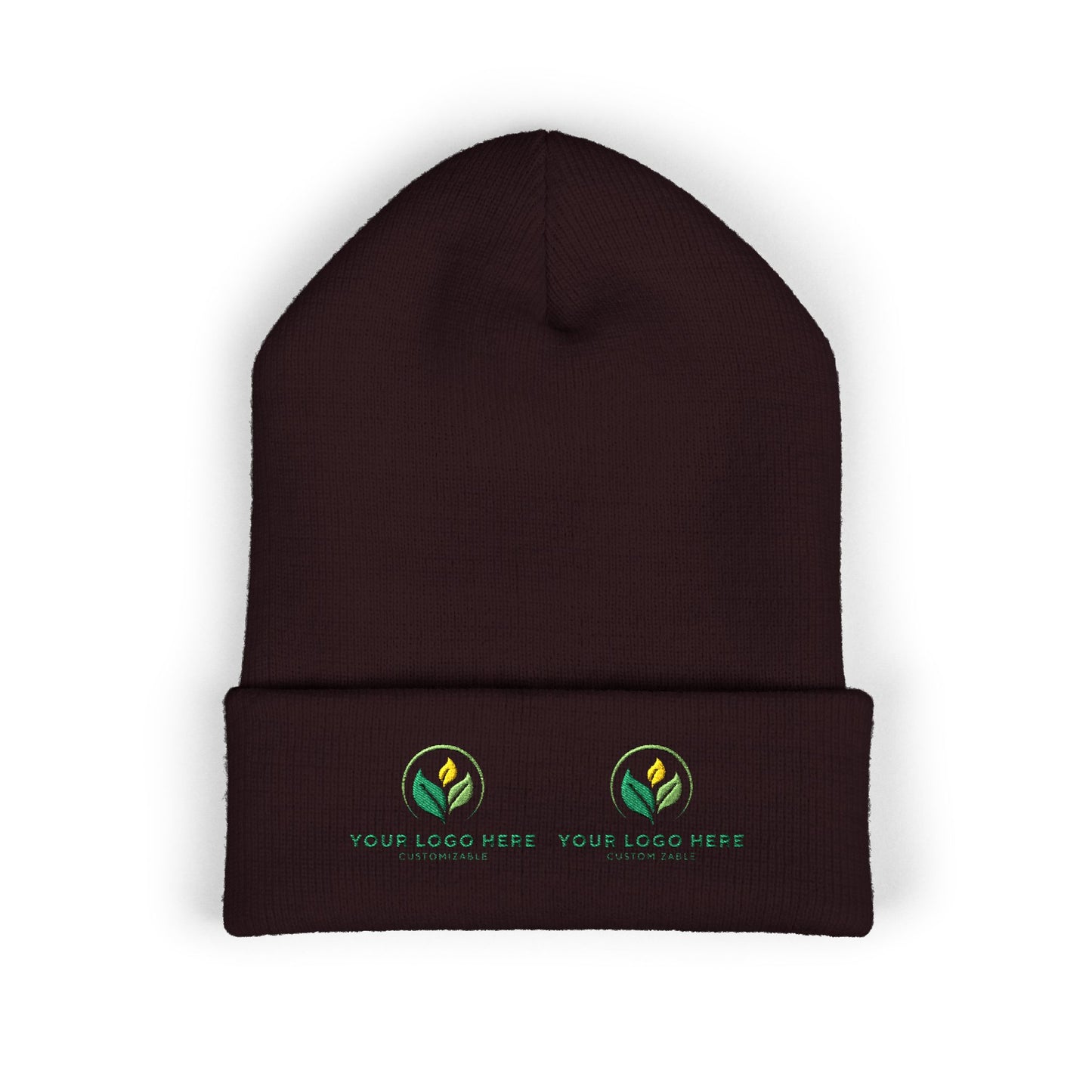 Brown beanie with customizable logos on a white background