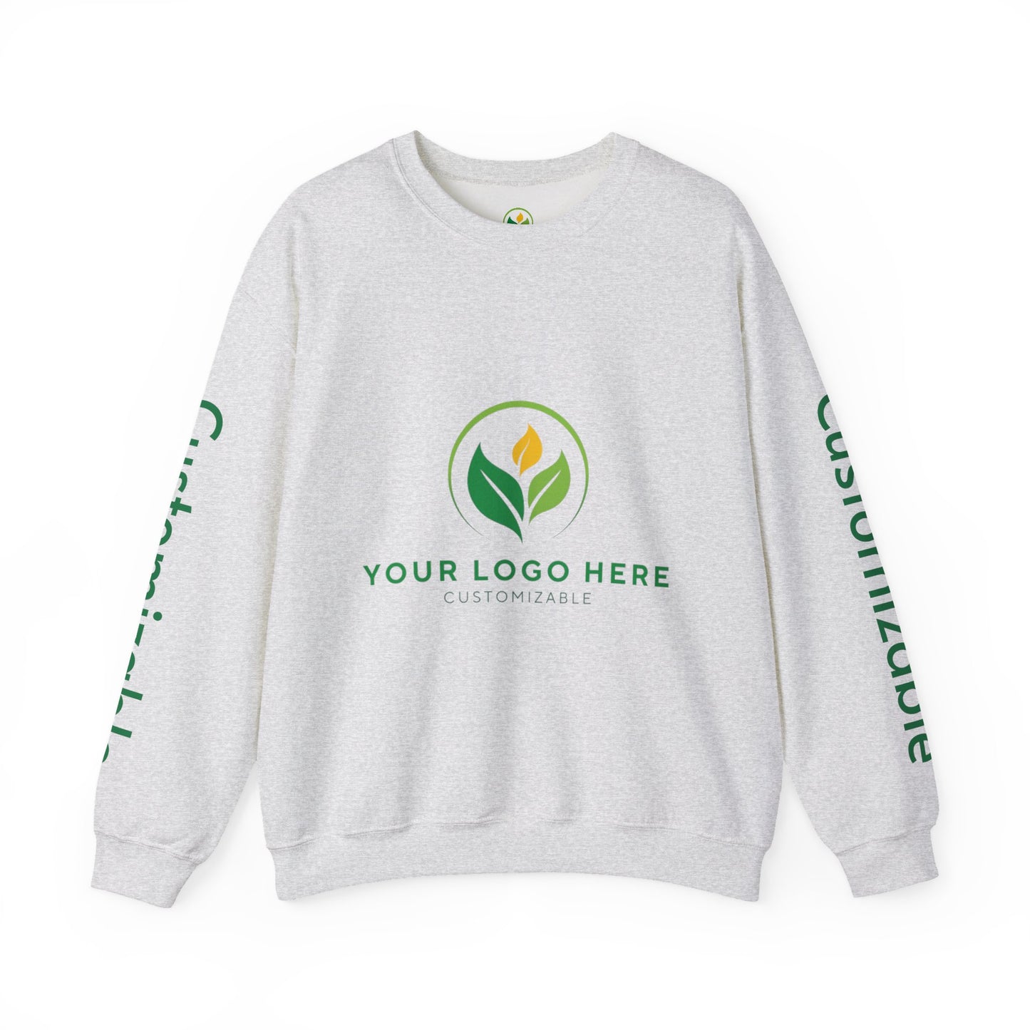 Gray sweatshirt with customizable logo on a white background