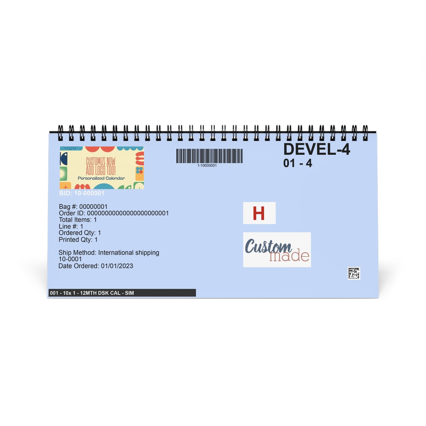 Blue spiral-bound calendar with printed details on a white background