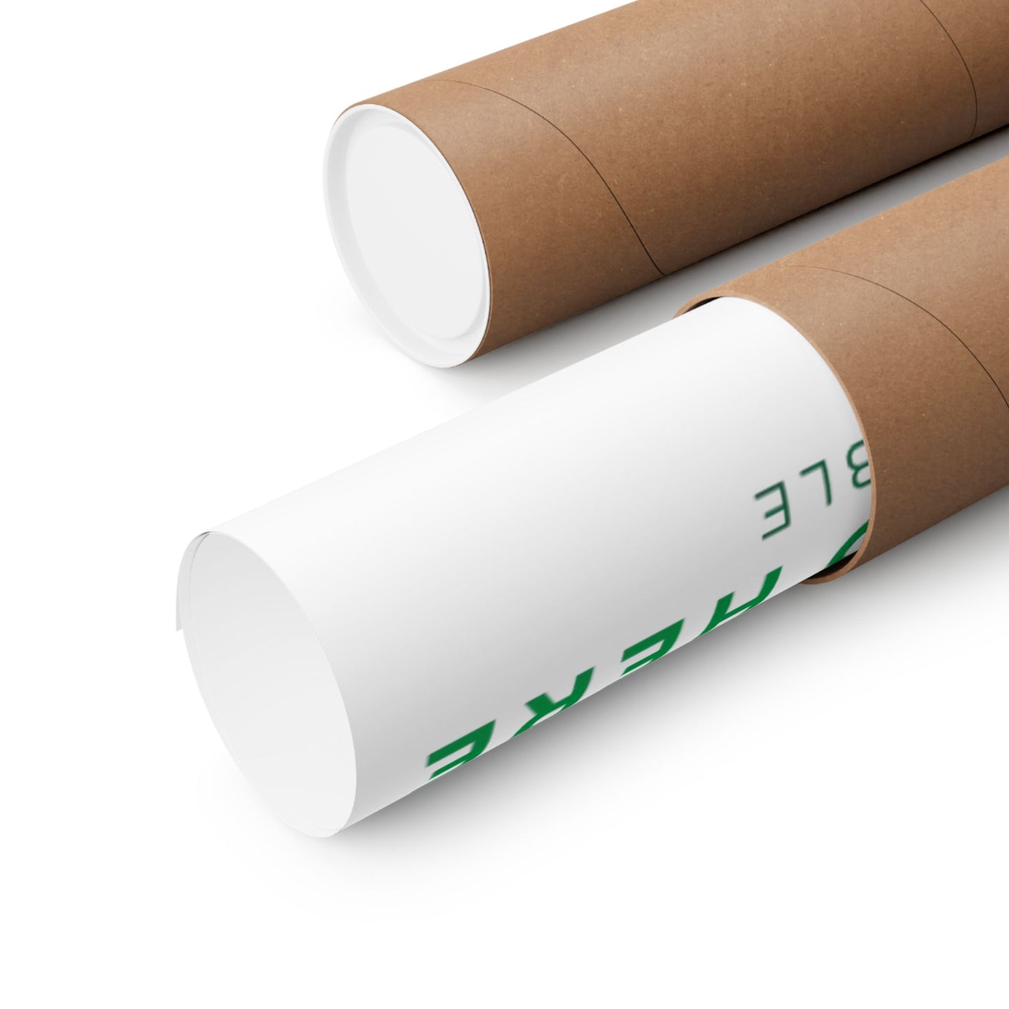 Two cardboard tubes, one white with green text and one brown, on a white background.