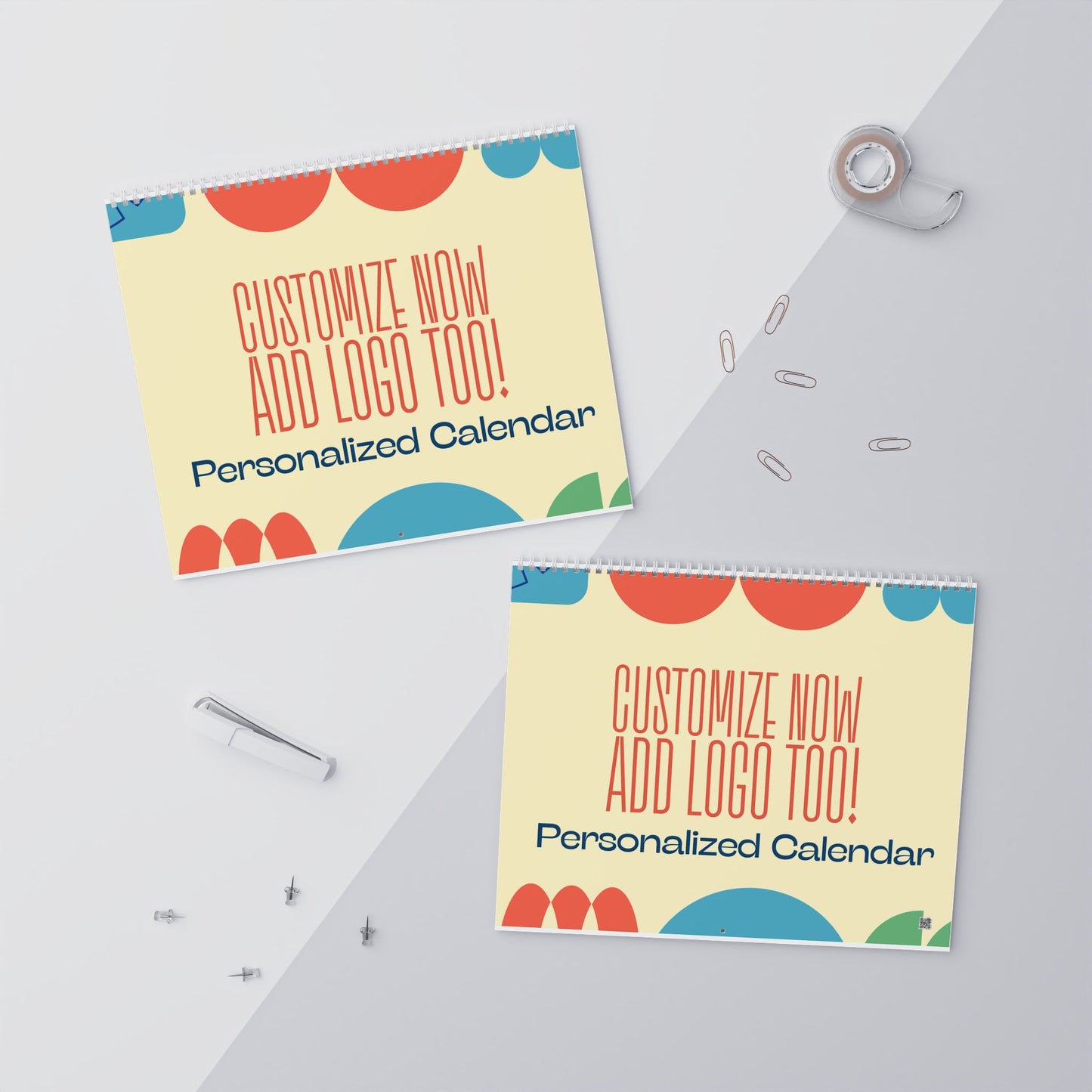 Two personalized calendar cards with colorful design and text on a light gray background.