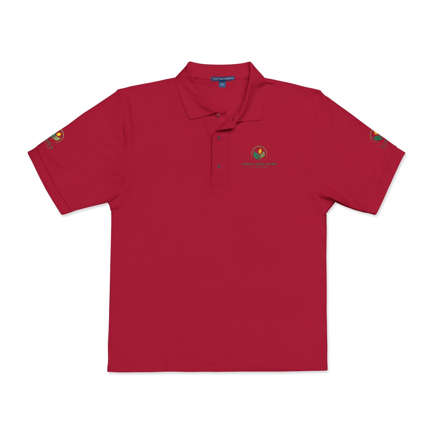 Red polo shirt with a logo on a white background