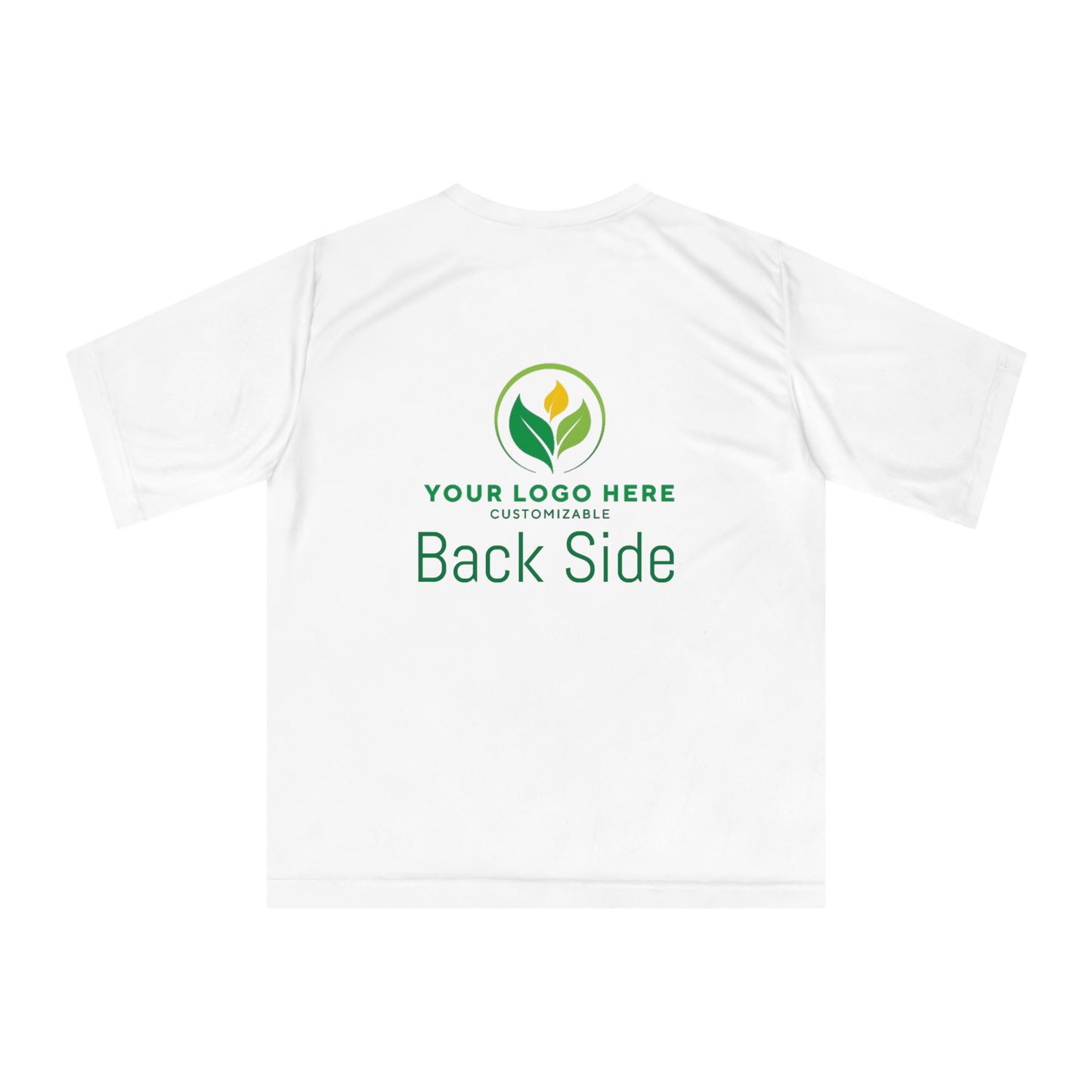 White t-shirt with a placeholder logo and text on the back