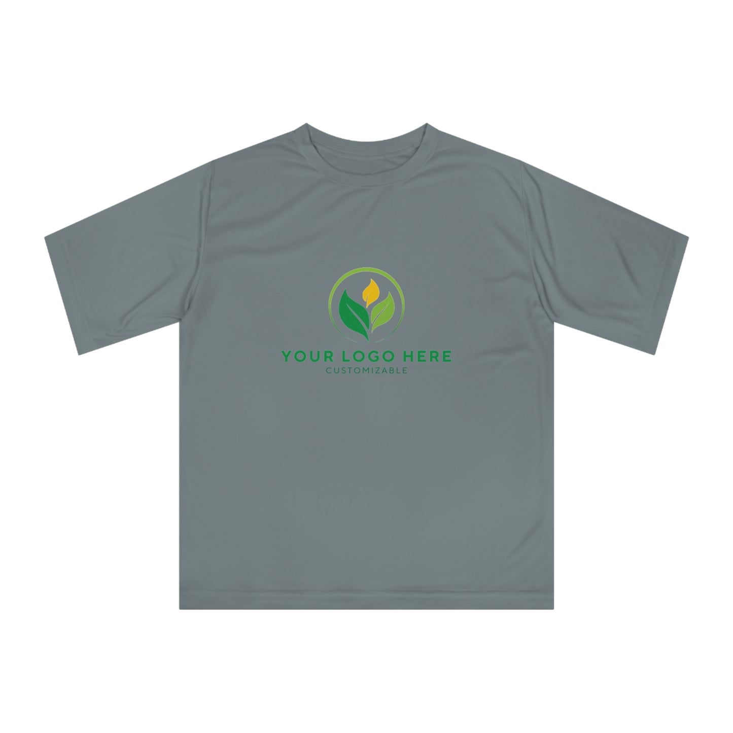 Gray t-shirt with customizable logo area on a white background