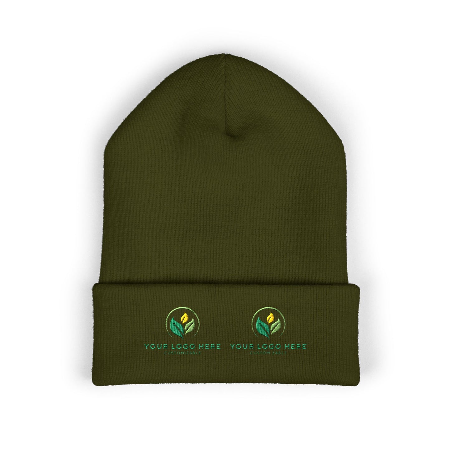 Green beanie with embroidered logos on a white background
