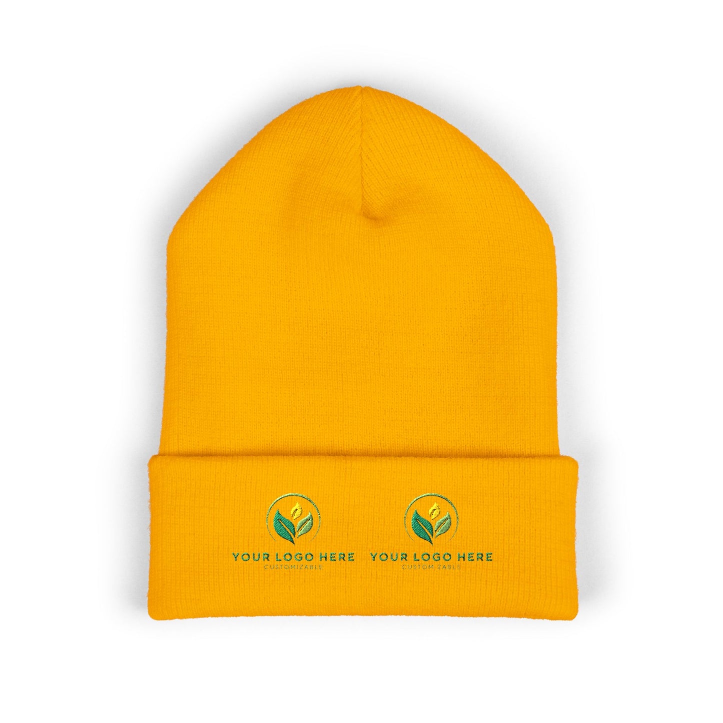 Yellow beanie with customizable logos on a white background