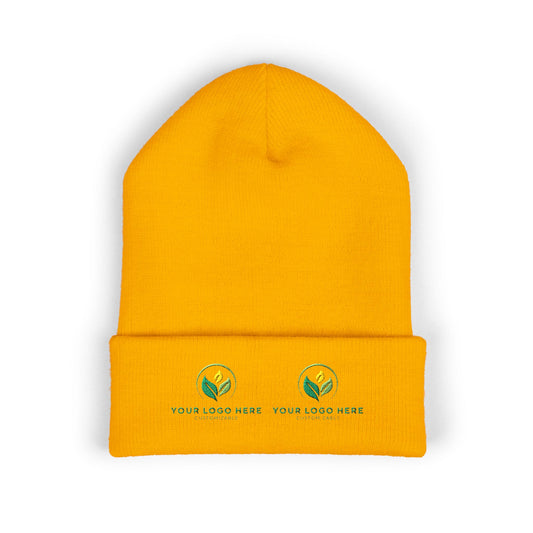 Yellow beanie with customizable logos on a white background