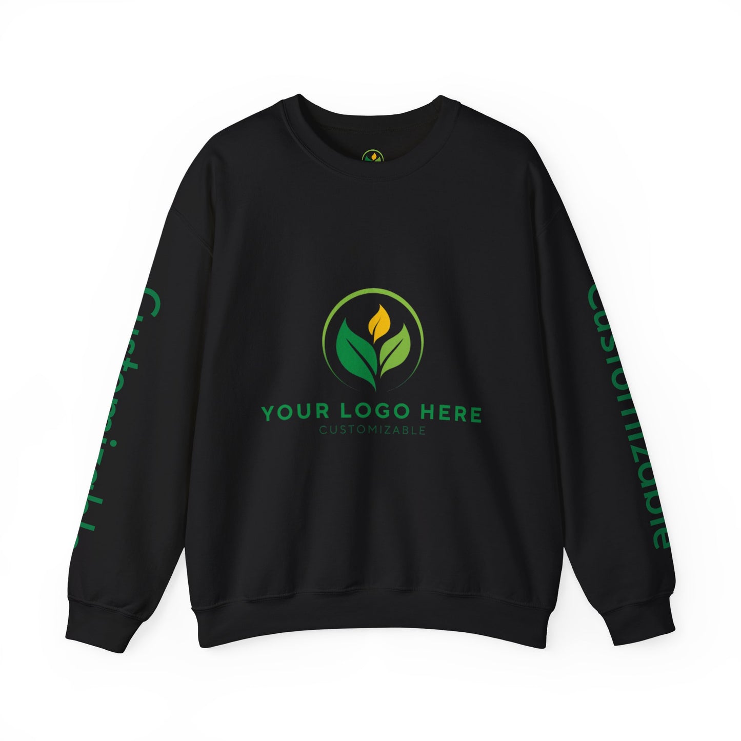 Black sweatshirt with green leaf logo and text on a white background