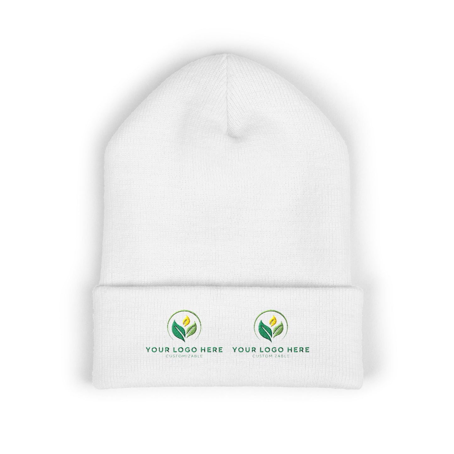 White beanie with customizable logo area on a white background