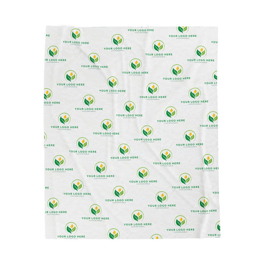 White blanket with green and yellow logo pattern for branding