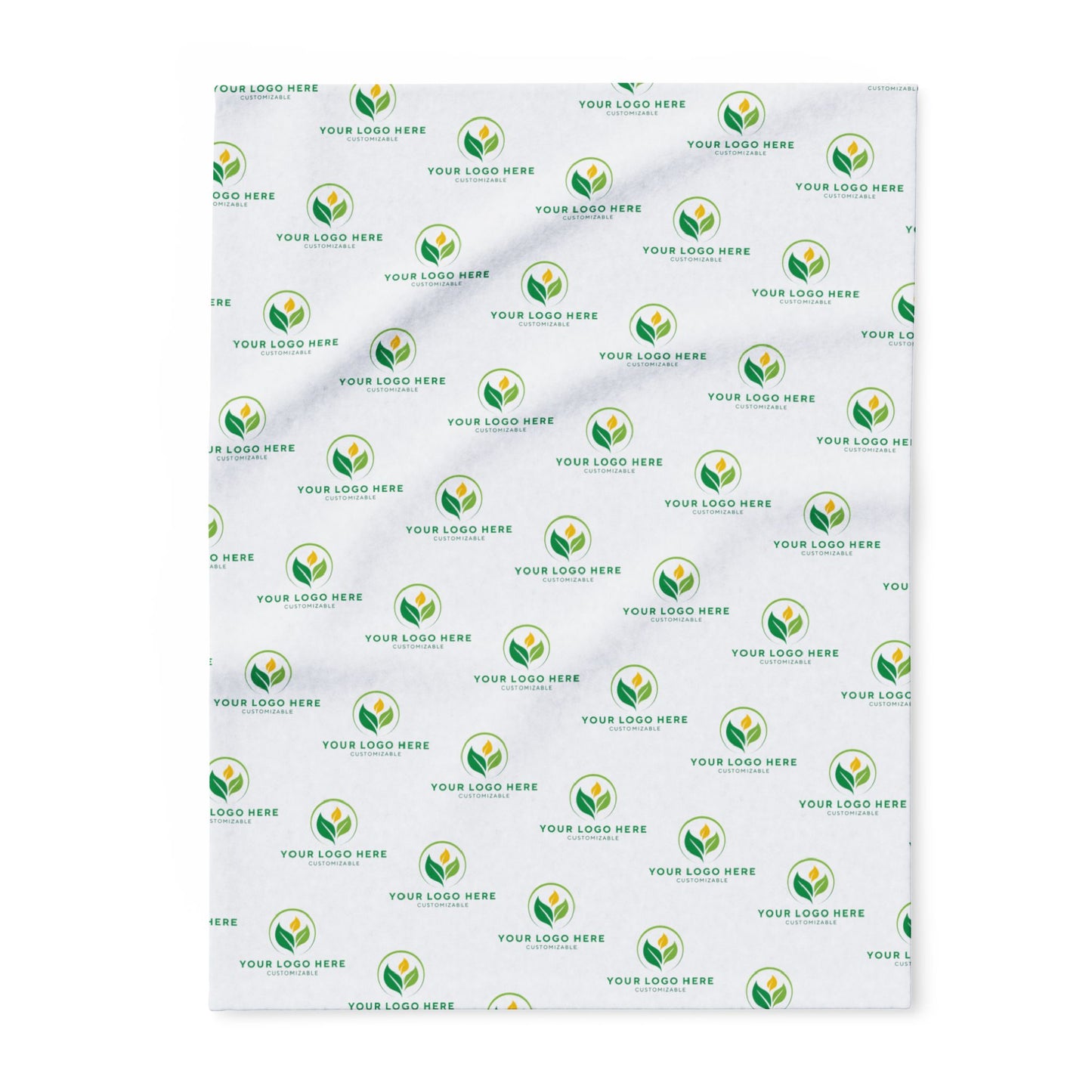 Patterned blanket with green and yellow logo repeats on a white background