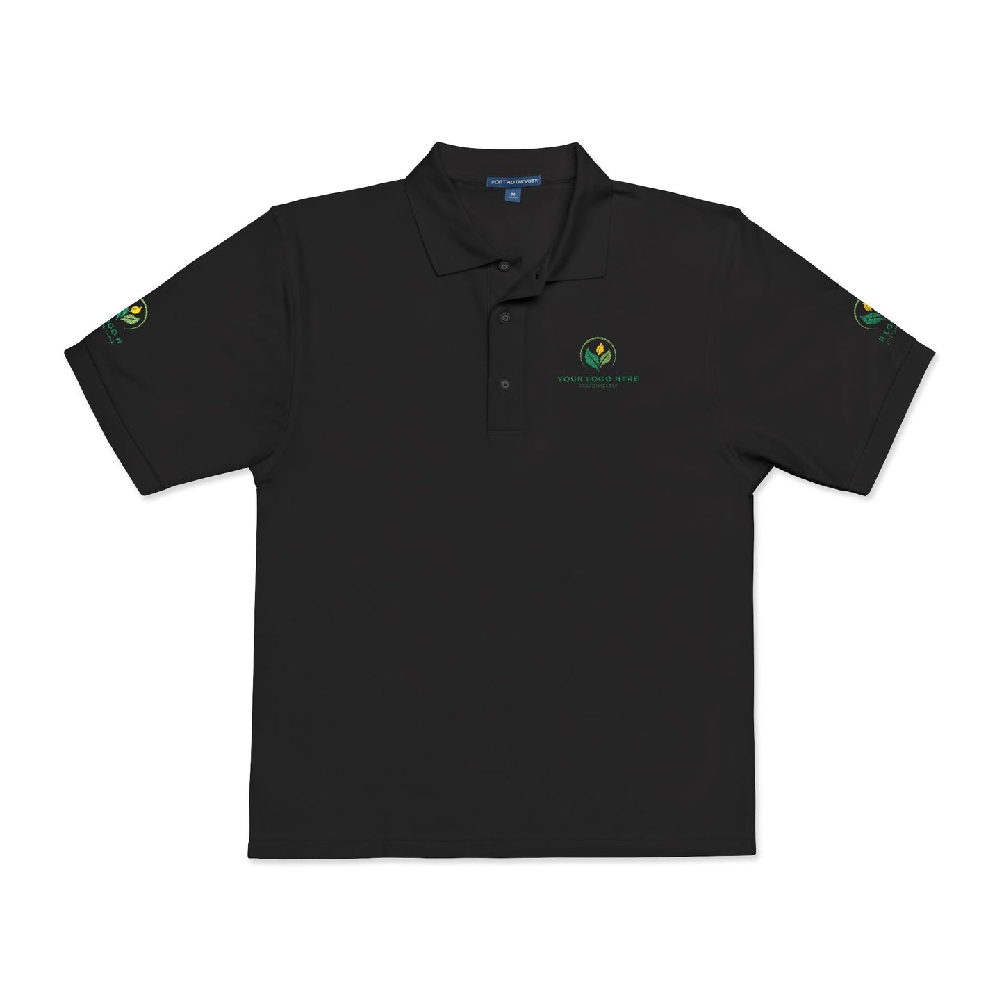 Black polo shirt with logos on sleeves and chest against a white background