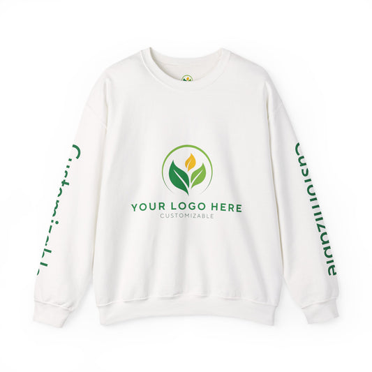White sweatshirt with customizable logo design on a white background