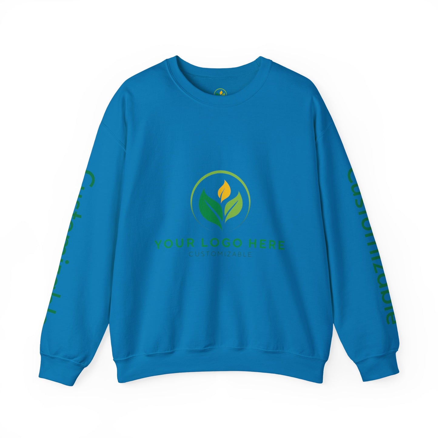 Blue sweatshirt with a logo and text placeholder on a white background