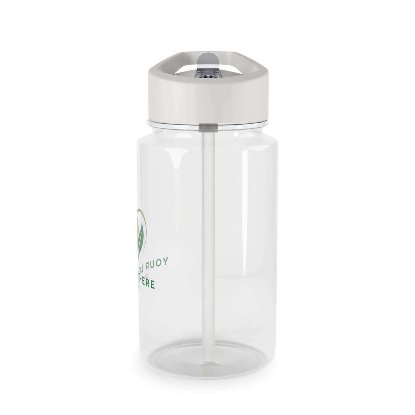 Clear water bottle with a white cap on a white background