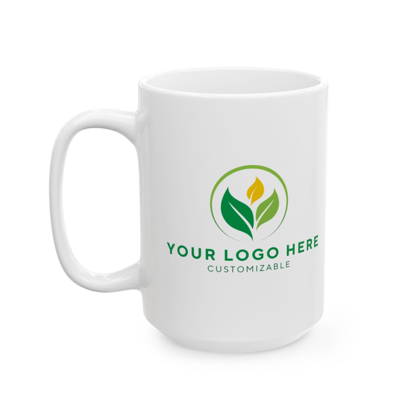 White mug with customizable logo on a white background
