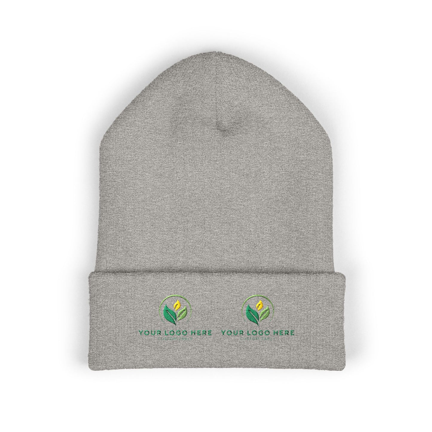 Gray beanie with customizable logos on a white background