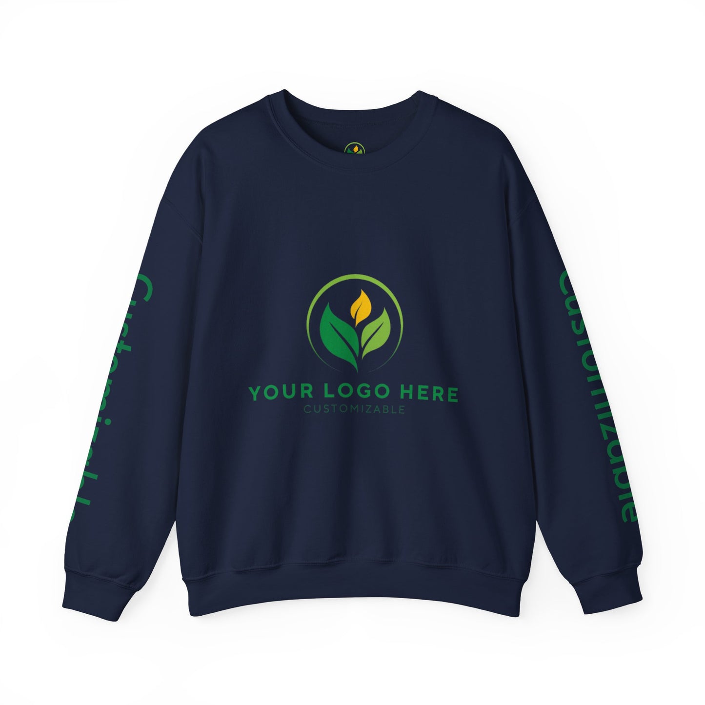 Navy blue sweatshirt with green leaf logo and text on a white background