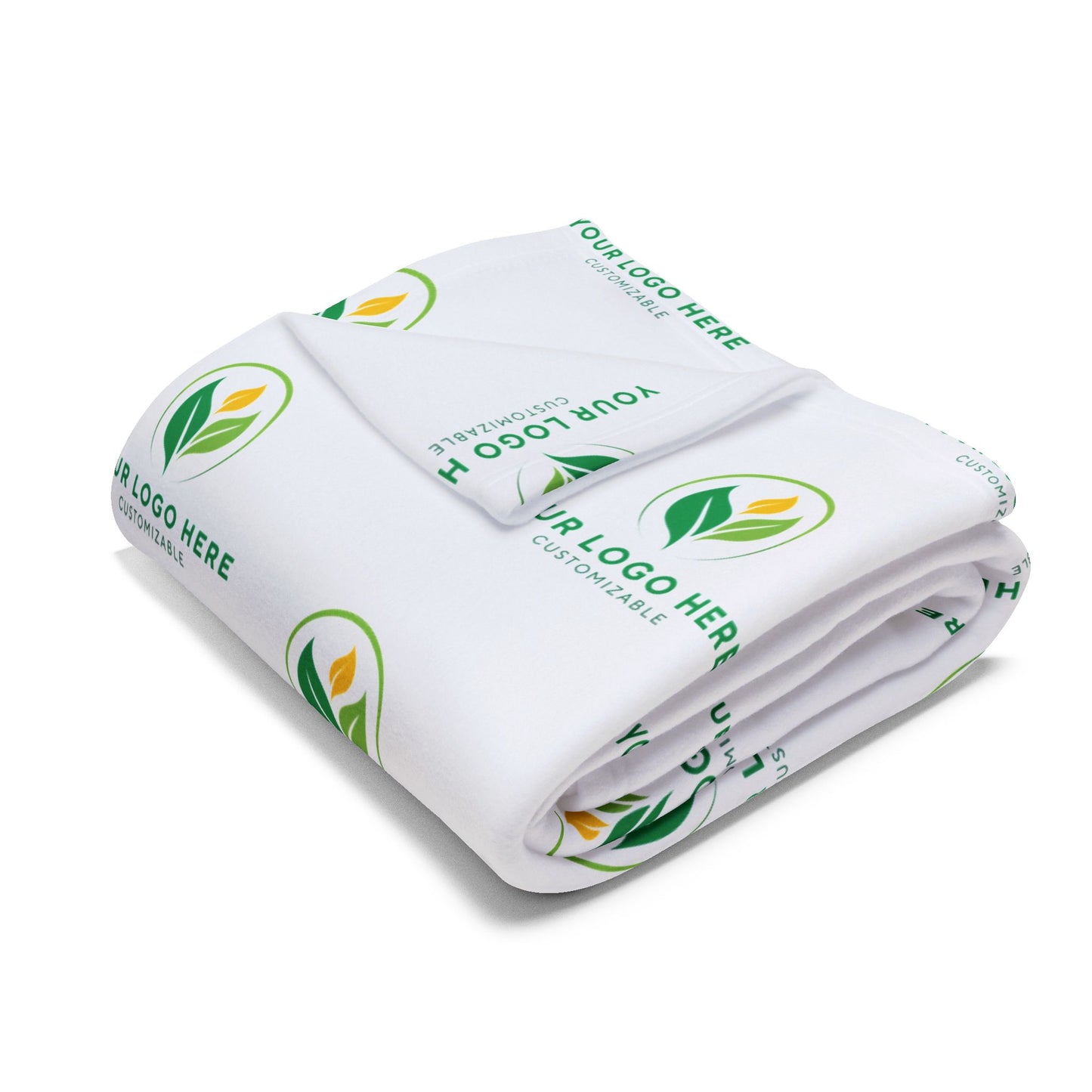 Folded white blanket with customizable logos on a white background