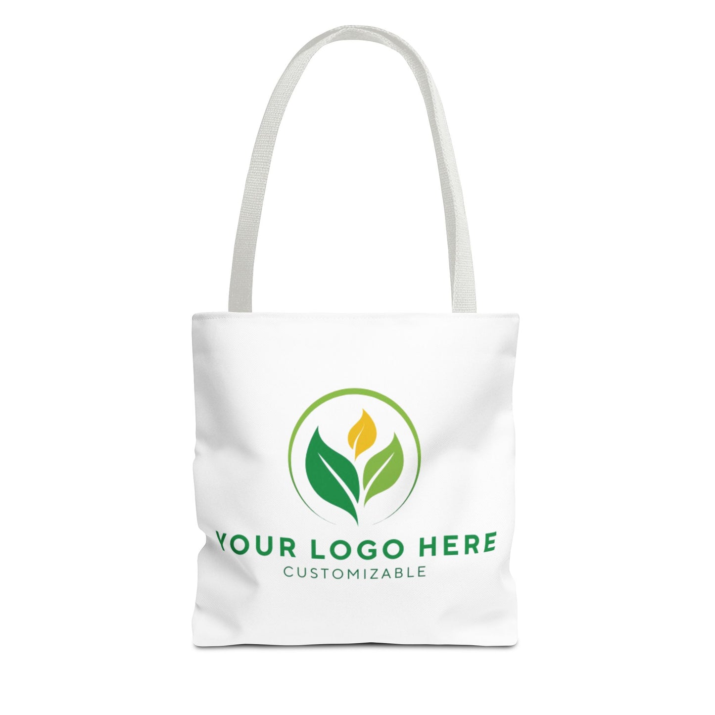 White tote bag with customizable logo design on a white background