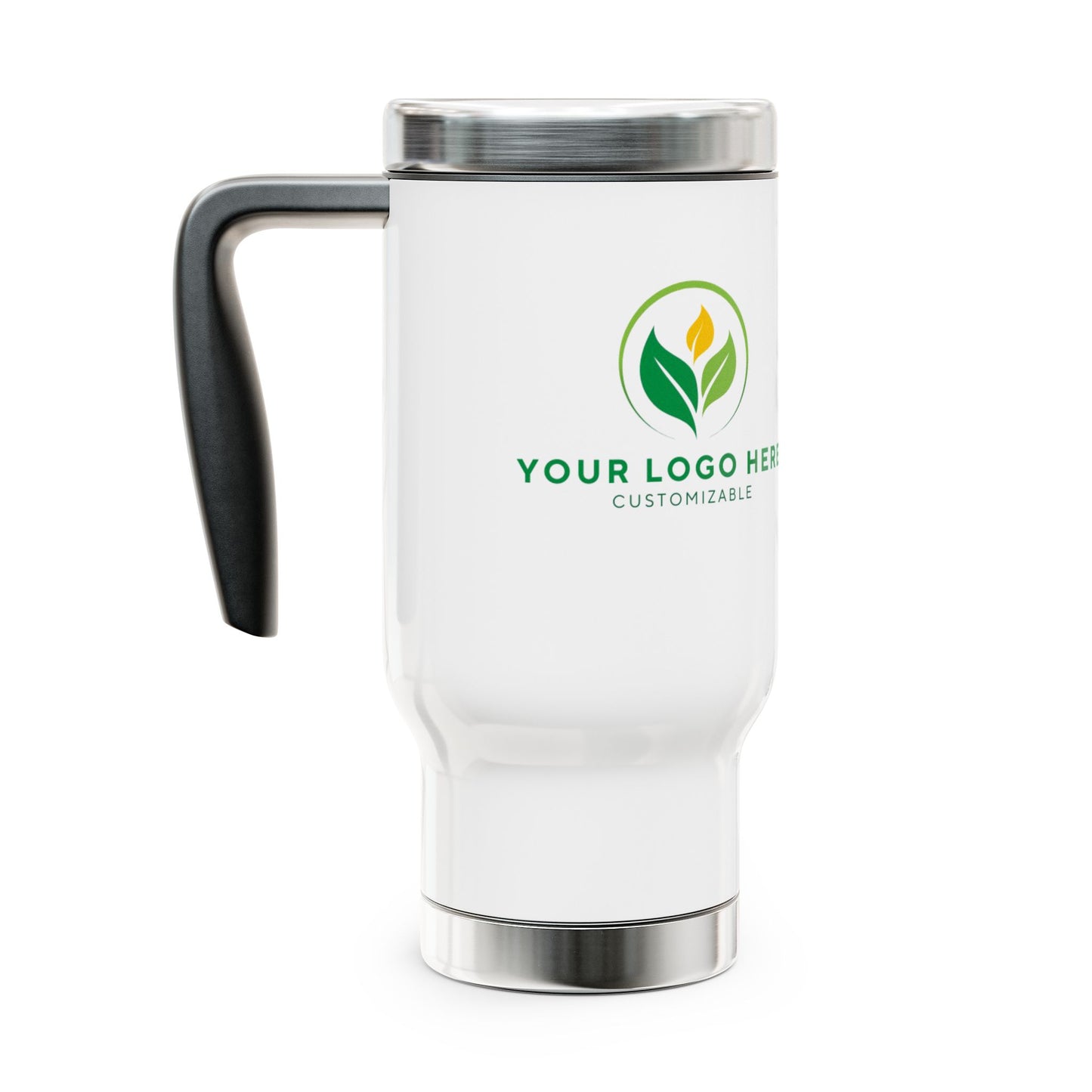 White travel mug with customizable logo on a white background