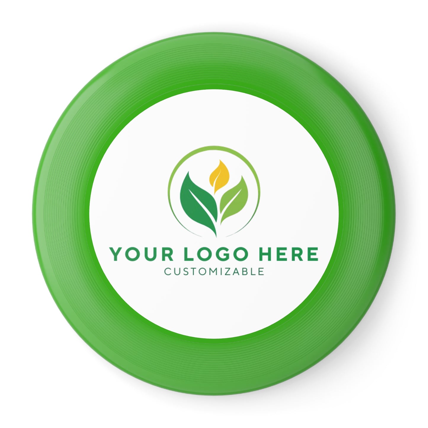 Green frisbee with customizable logo area on a white background