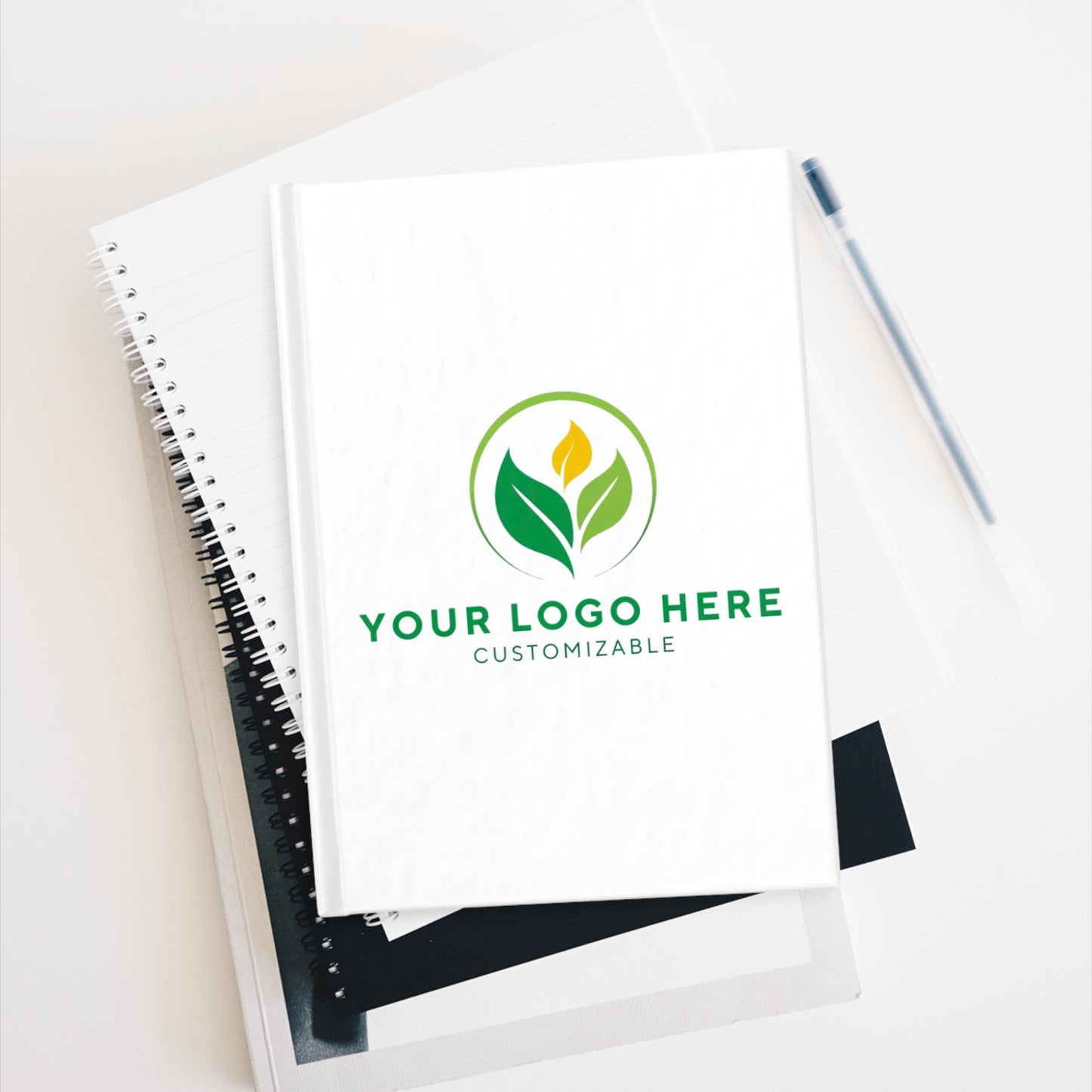 Notebook with customizable logo on a white background
