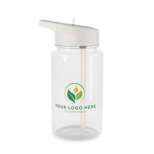 Clear water bottle with white cap and customizable logo area on a white background