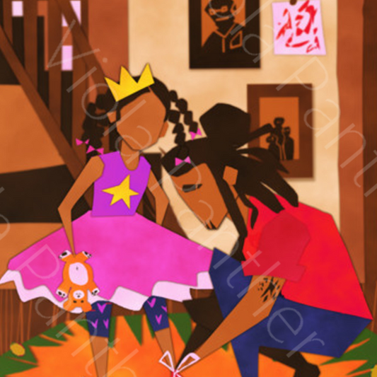 close up of Framed art of father helping daughter put on shoes