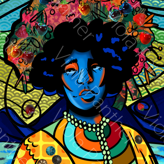 close up of a framed poster featuring a colorful illustration of a woman with a floral headdress and traditional attire, displayed on a white mat board, with a black frame and acrylite front protector.
