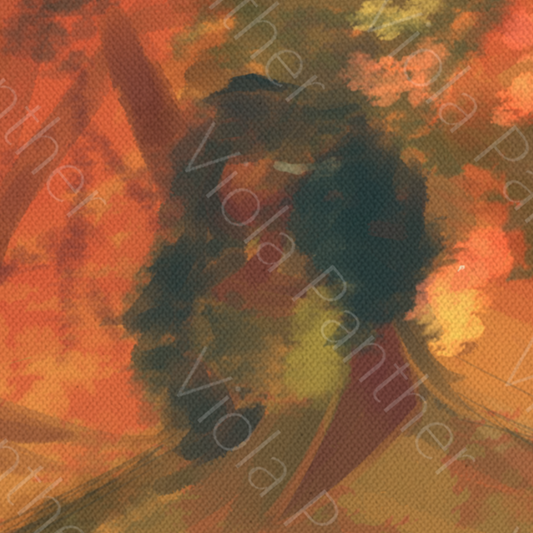 close up of Autumn-themed canvas print featuring a cozy, rustic outdoor scene with leaves and fall colors on a wooden table, evoking warmth and seasonal charm.