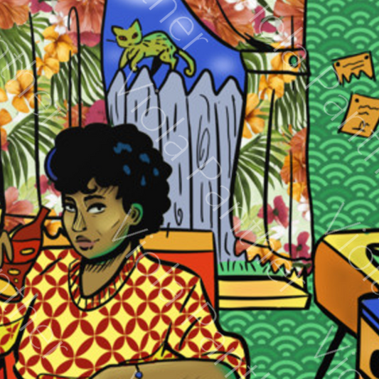 Colorful illustration of a woman sitting in a room with floral curtains and a cat.