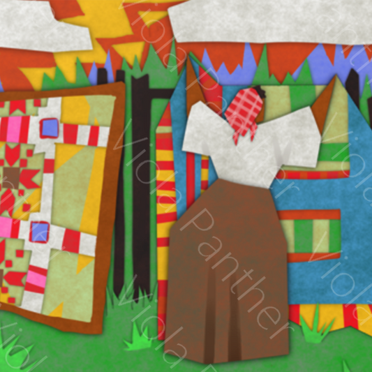 Gee’s Bend inspired framed poster with colorful quilts hanging on a line outdoors