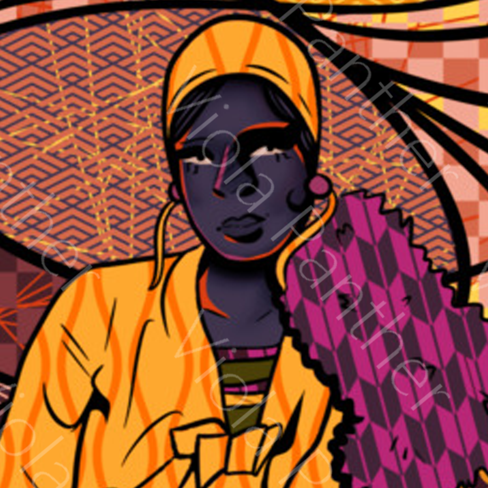 Artistic illustration of a person wearing a yellow headscarf and purple garment against a geometric patterned background.