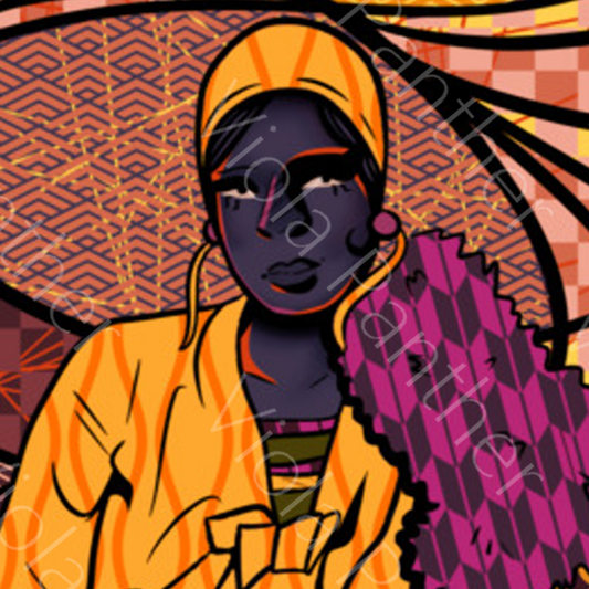 Artistic illustration of a person wearing a yellow headscarf and purple garment against a geometric patterned background.