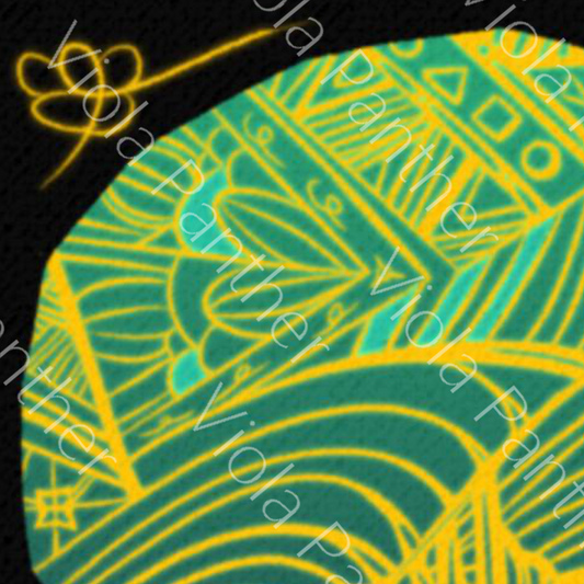 Close up of a canvas print featuring a stylized, colorful illustration of a human head with decorative elements, titled 'KING' at the bottom.